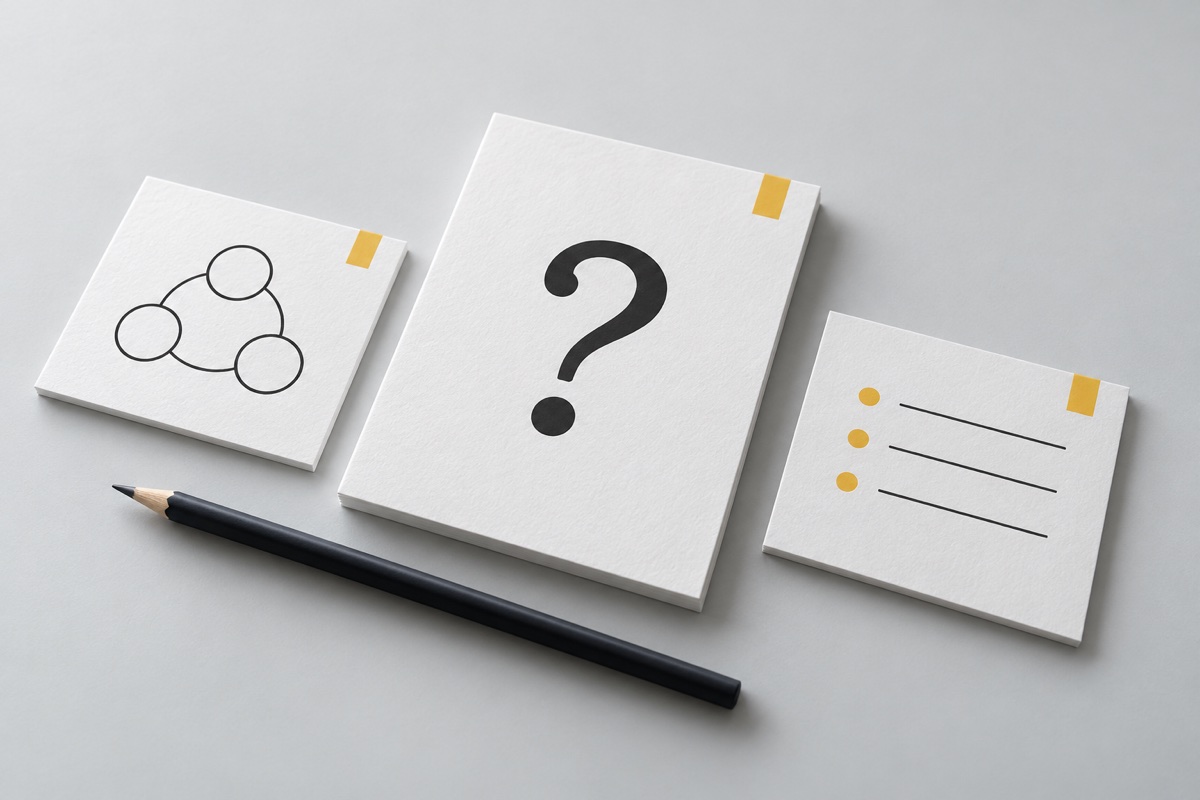 Illustration: Briefingkarten mit Fragezeichen, Zielgruppen-Skizze und Prioritäten