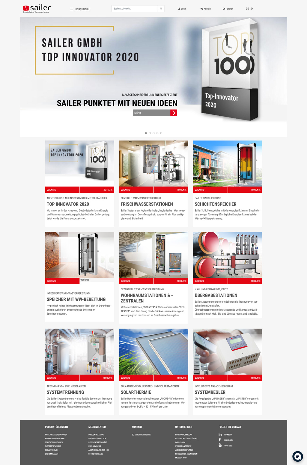 Website der Sailer GmbH mit Produktübersicht für Warmwassersysteme